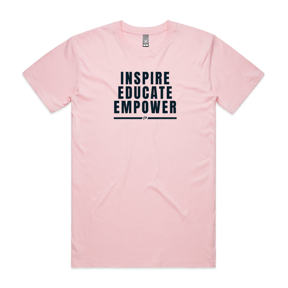 Pink men's shirt with "Inspire Educate Empower" design