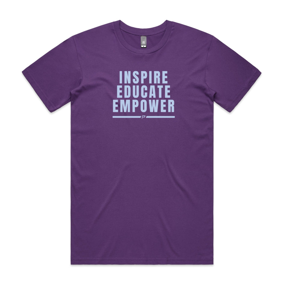 Purple men's shirt with "Inspire Educate Empower" design