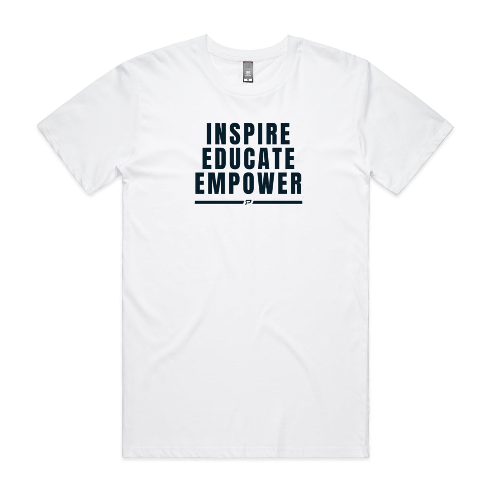 White men's shirt with "Inspire Educate Empower" design