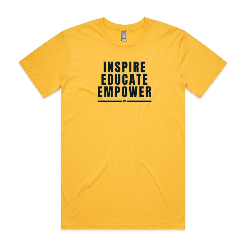 Yellow men's shirt with "Inspire Educate Empower" design