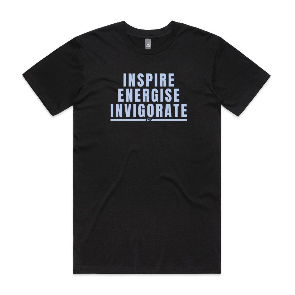 Black men's shirt with "Inspire Energise Invigorate" design