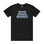 Black men's shirt with "Inspire Energise Invigorate" design