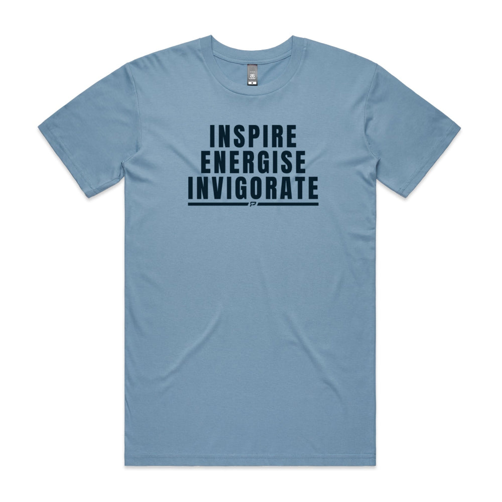 Carolina blue men's shirt with "Inspire Energise Invigorate" design