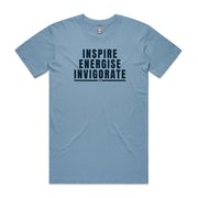 Carolina blue men's shirt with "Inspire Energise Invigorate" design