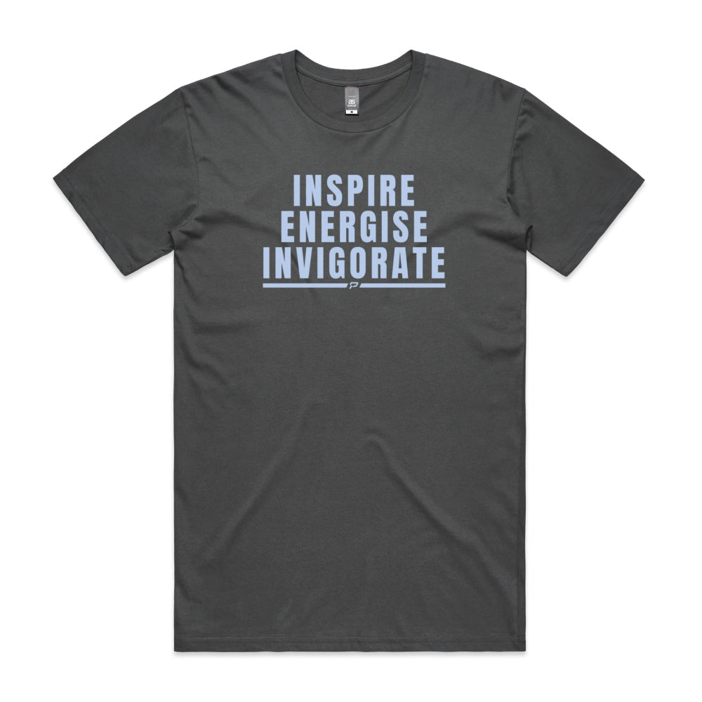 Charcoal men's shirt with "Inspire Energise Invigorate" design