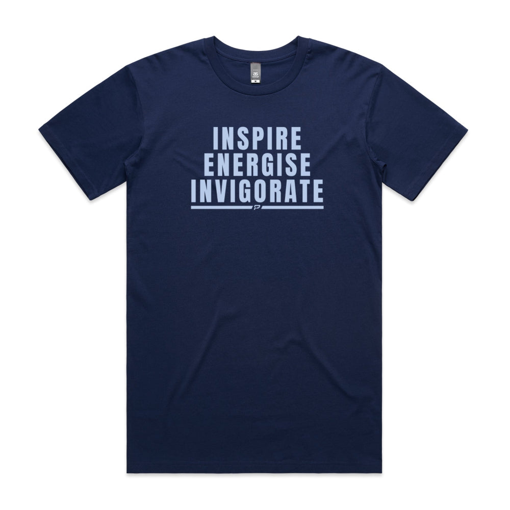 Cobalt men's shirt with "Inspire Energise Invigorate" design