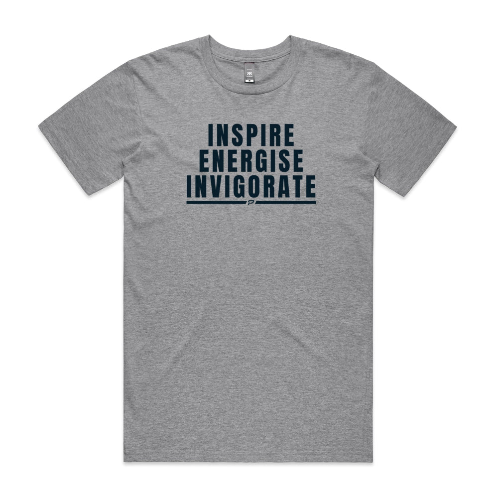 Grey men's shirt with "Inspire Energise Invigorate" design