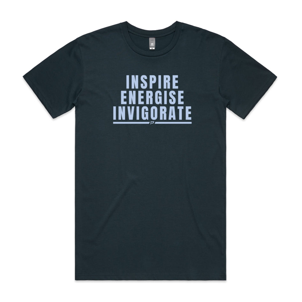 Indigo men's shirt with "Inspire Energise Invigorate" design