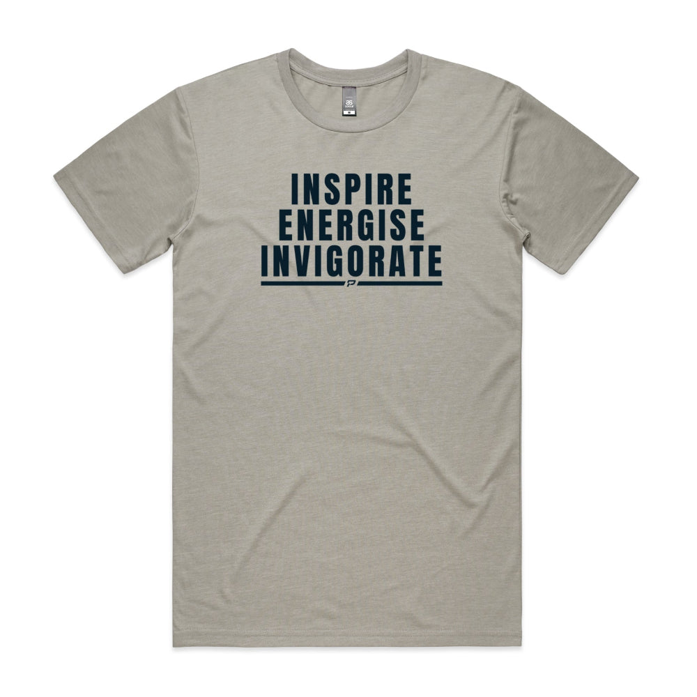 Light grey men's shirt with "Inspire Energise Invigorate" design
