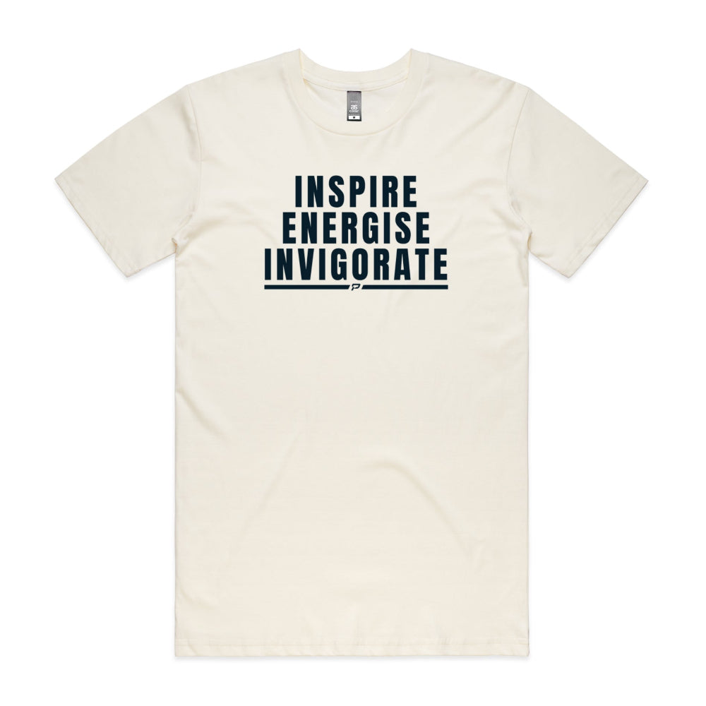 Beige men's shirt with "Inspire Energise Invigorate" design