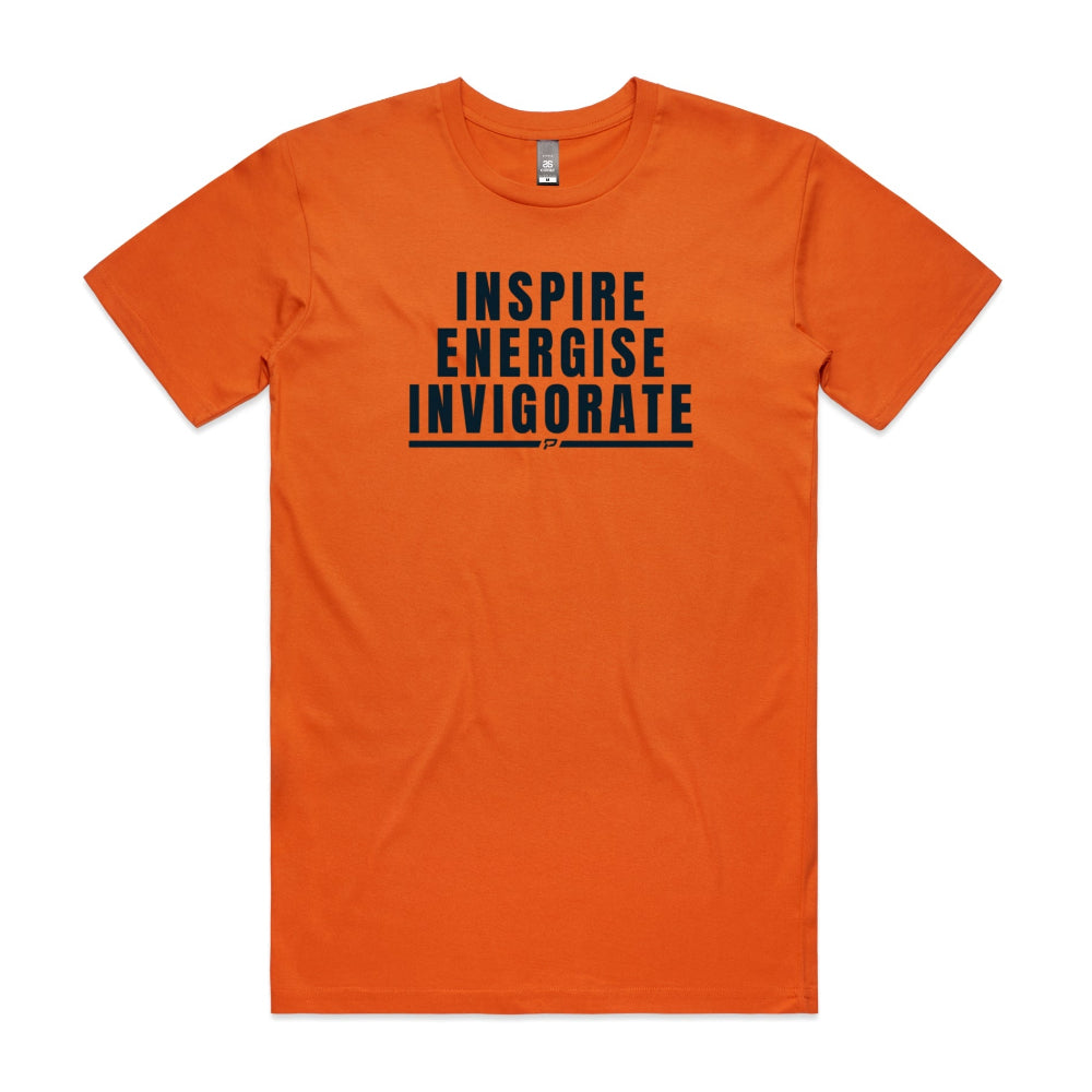 Orange men's shirt with "Inspire Energise Invigorate" design