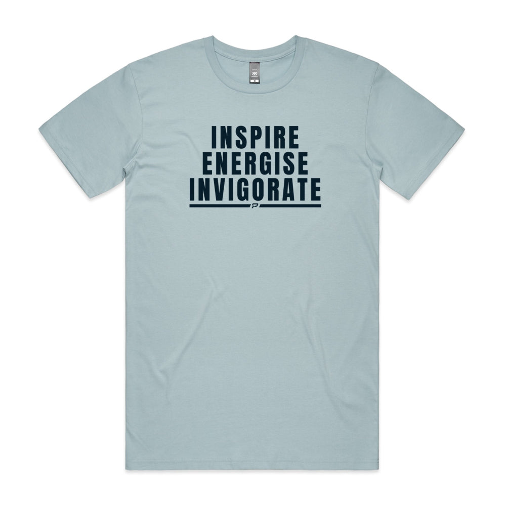 Light blue men's shirt with "Inspire Energise Invigorate" design
