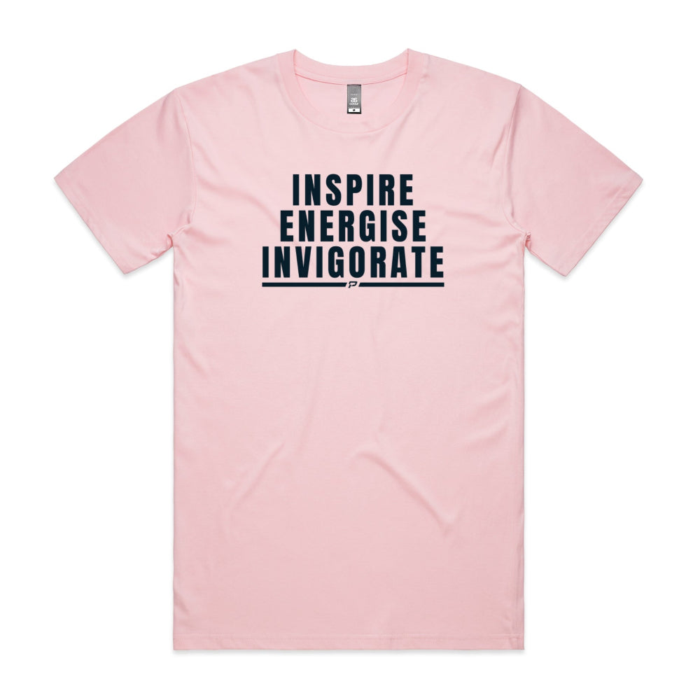 Pink men's shirt with "Inspire Energise Invigorate" design