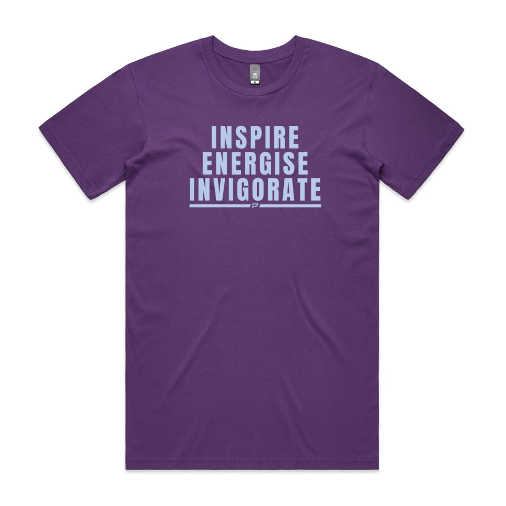 Purple men's shirt with "Inspire Energise Invigorate" design