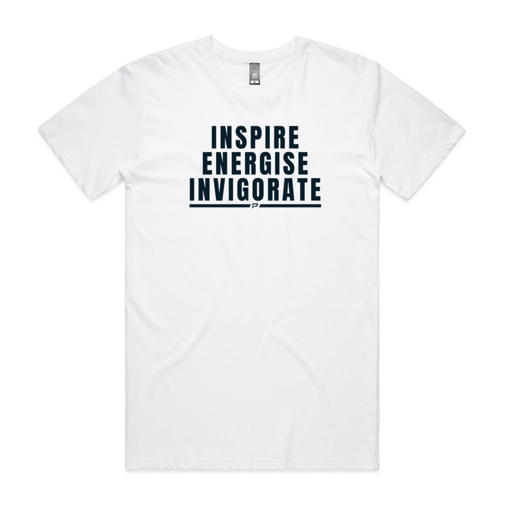 White men's shirt with "Inspire Energise Invigorate" design