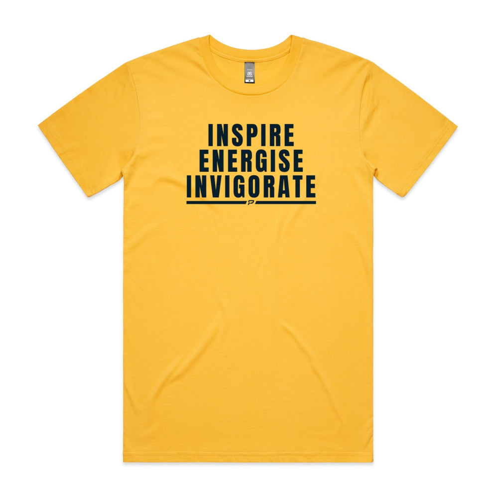 Yellow men's shirt with "Inspire Energise Invigorate" design