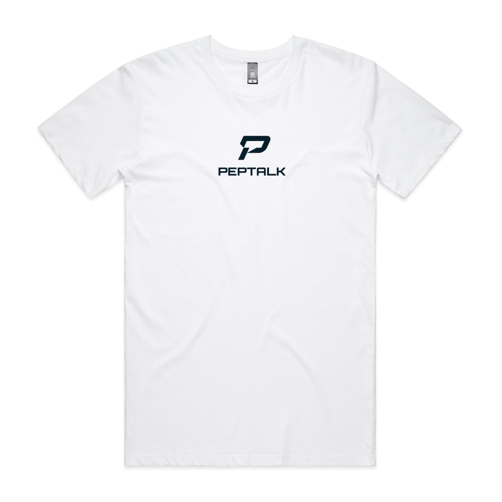 White men's shirt with PepTalk portrait logo at the centre