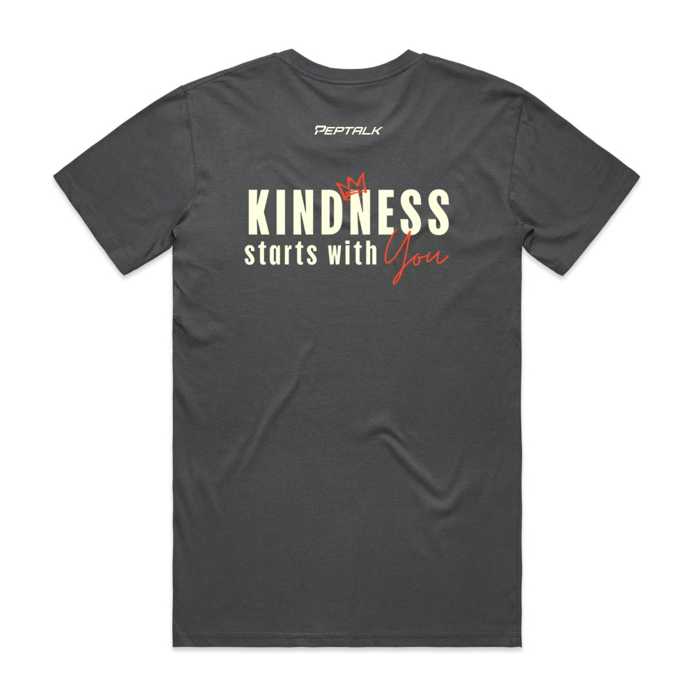 Charcoal men's shirt with Peptalk logo and "Kindness Starts with You" design at the back