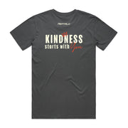Charcoal men's shirt with Peptalk logo and "Kindness Starts with You" design at the back