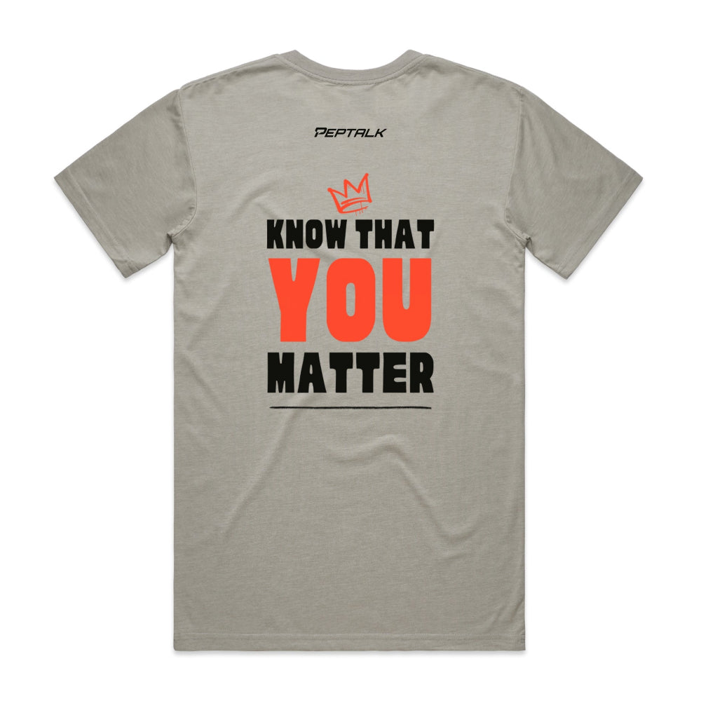 Light grey men's shirt with Peptalk logo and "Kindness Starts with You" design at the back