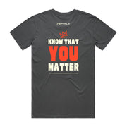 Charcoal men's shirt with Peptalk logo and "Know That You Matter" design at the back