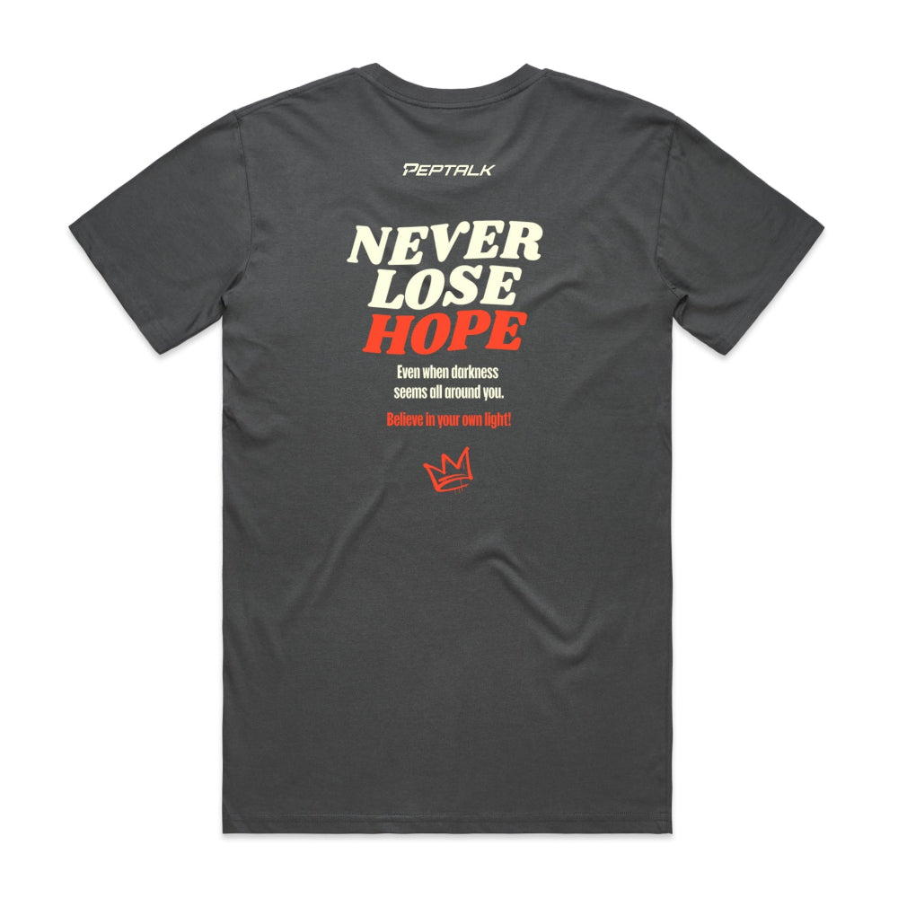 Charcoal men's shirt with Peptalk logo and "Kindness Starts with You" design at the back