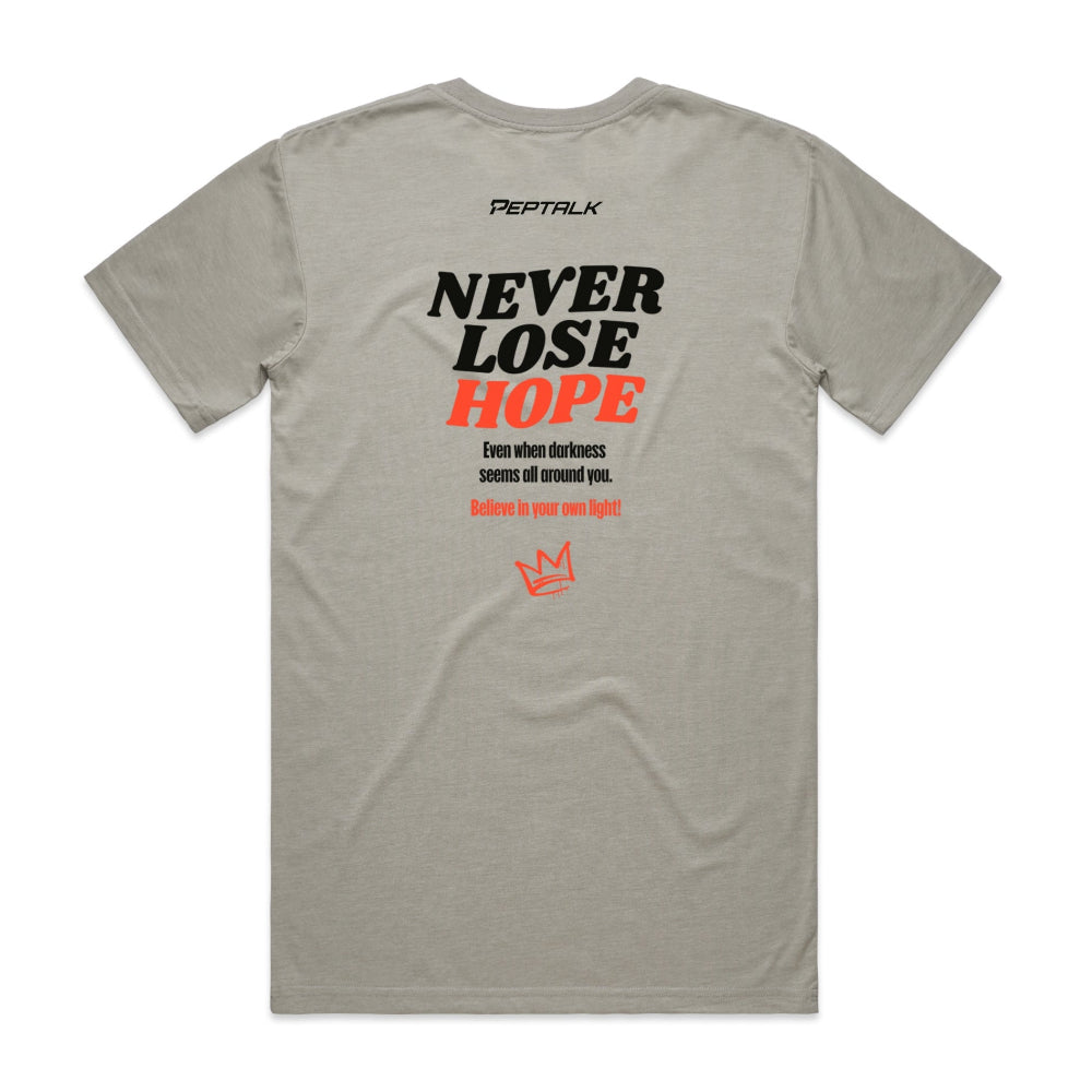 Light grey men's shirt with Peptalk logo and "Never Lose Hope" design at the back