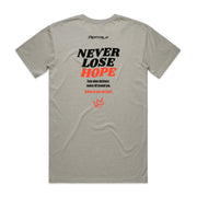 Light grey men's shirt with Peptalk logo and "Never Lose Hope" design at the back