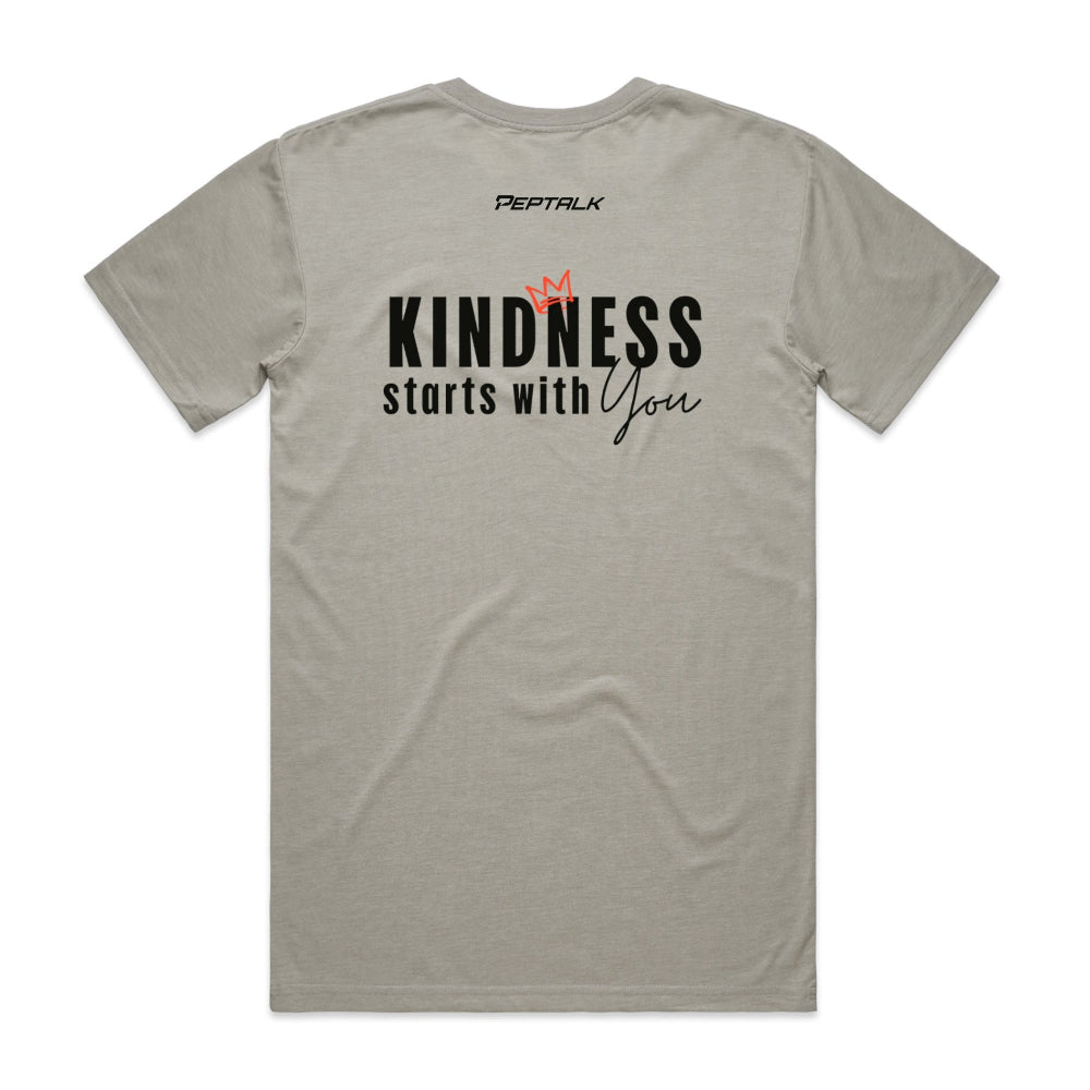 Light grey men's shirt with Peptalk logo and "Kindness Starts with You" design at the back