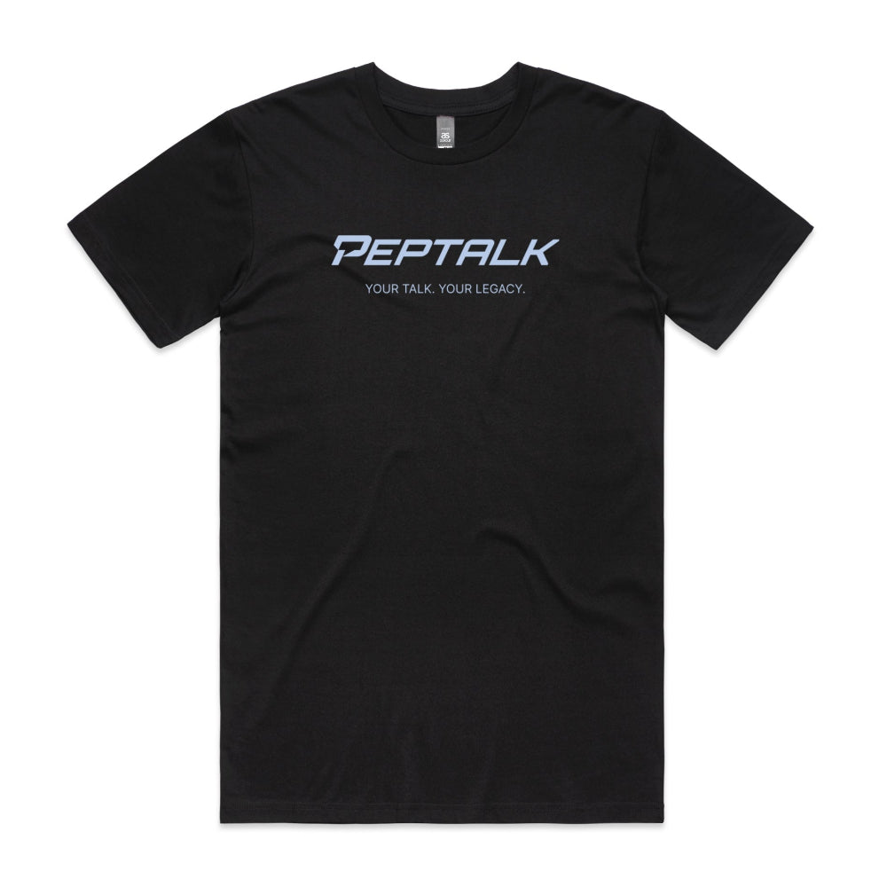 Black men's shirt with "PepTalk Your Talk Your Legacy" design
