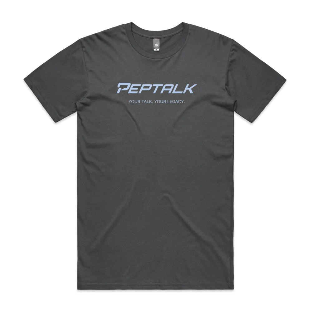 Charcoal men's shirt with "PepTalk Your Talk Your Legacy" design