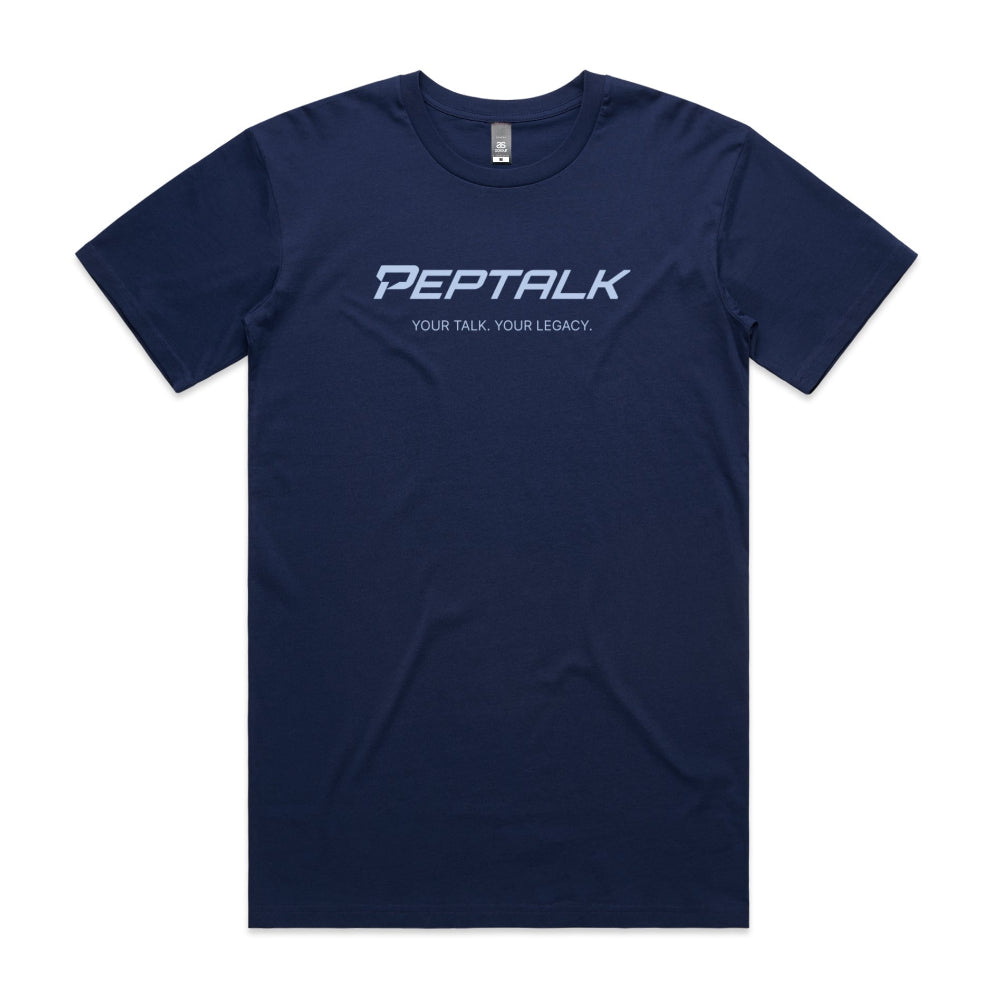 Cobalt men's shirt with "PepTalk Your Talk Your Legacy" design