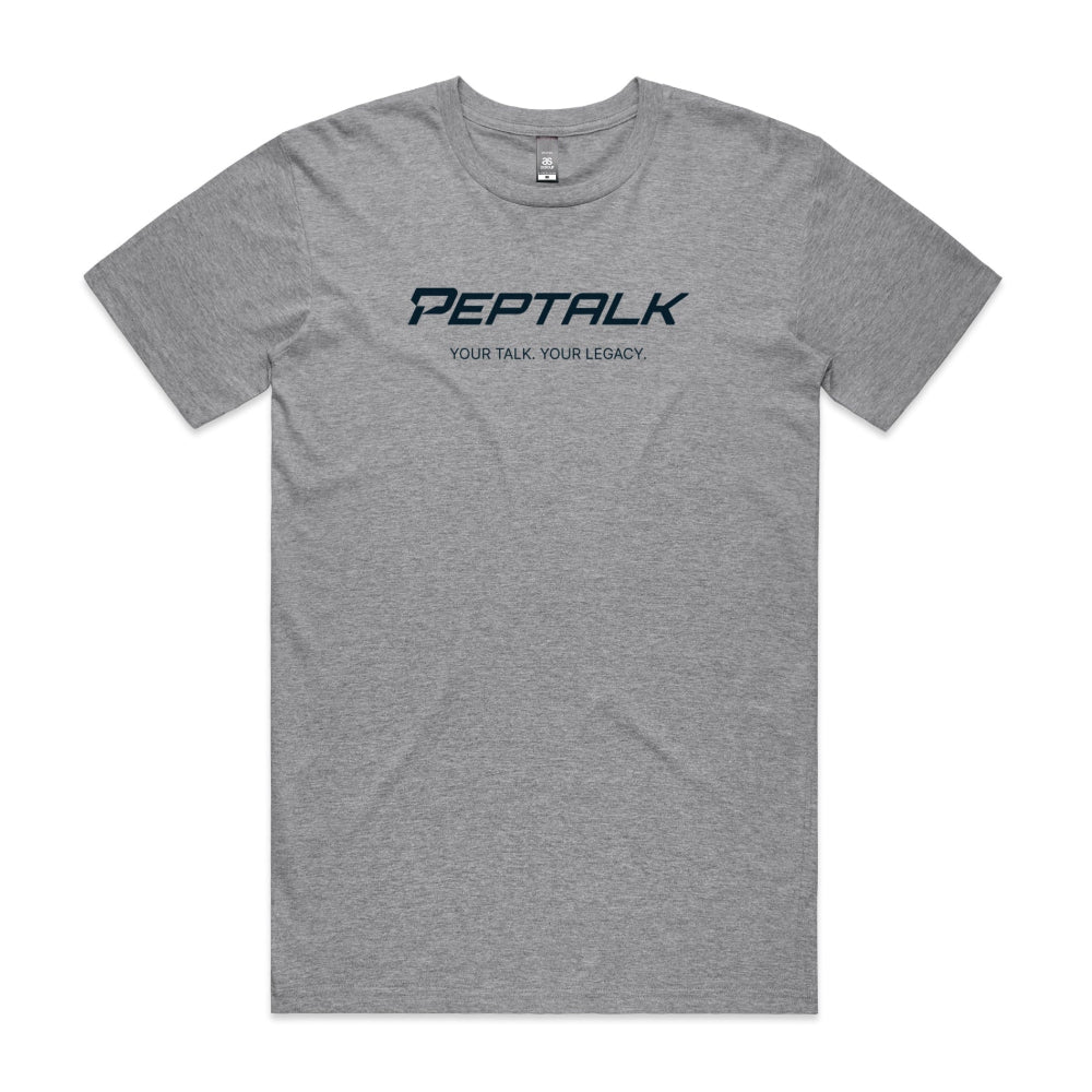 Grey men's shirt with "PepTalk Your Talk Your Legacy" design