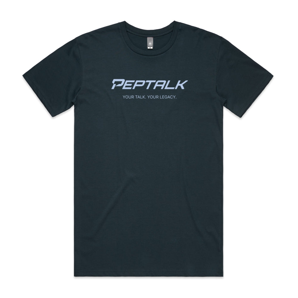 Indigo men's shirt with "PepTalk Your Talk Your Legacy" design