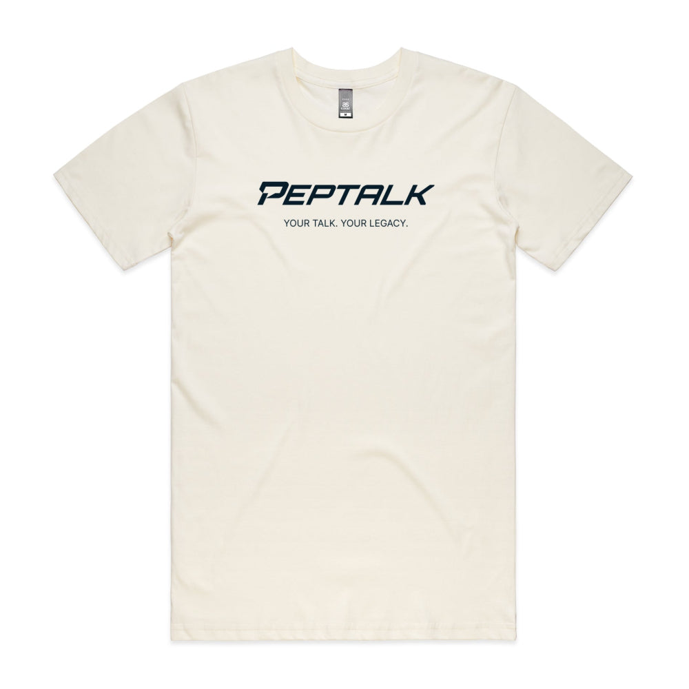 Beige men's shirt with "PepTalk Your Talk Your Legacy" design
