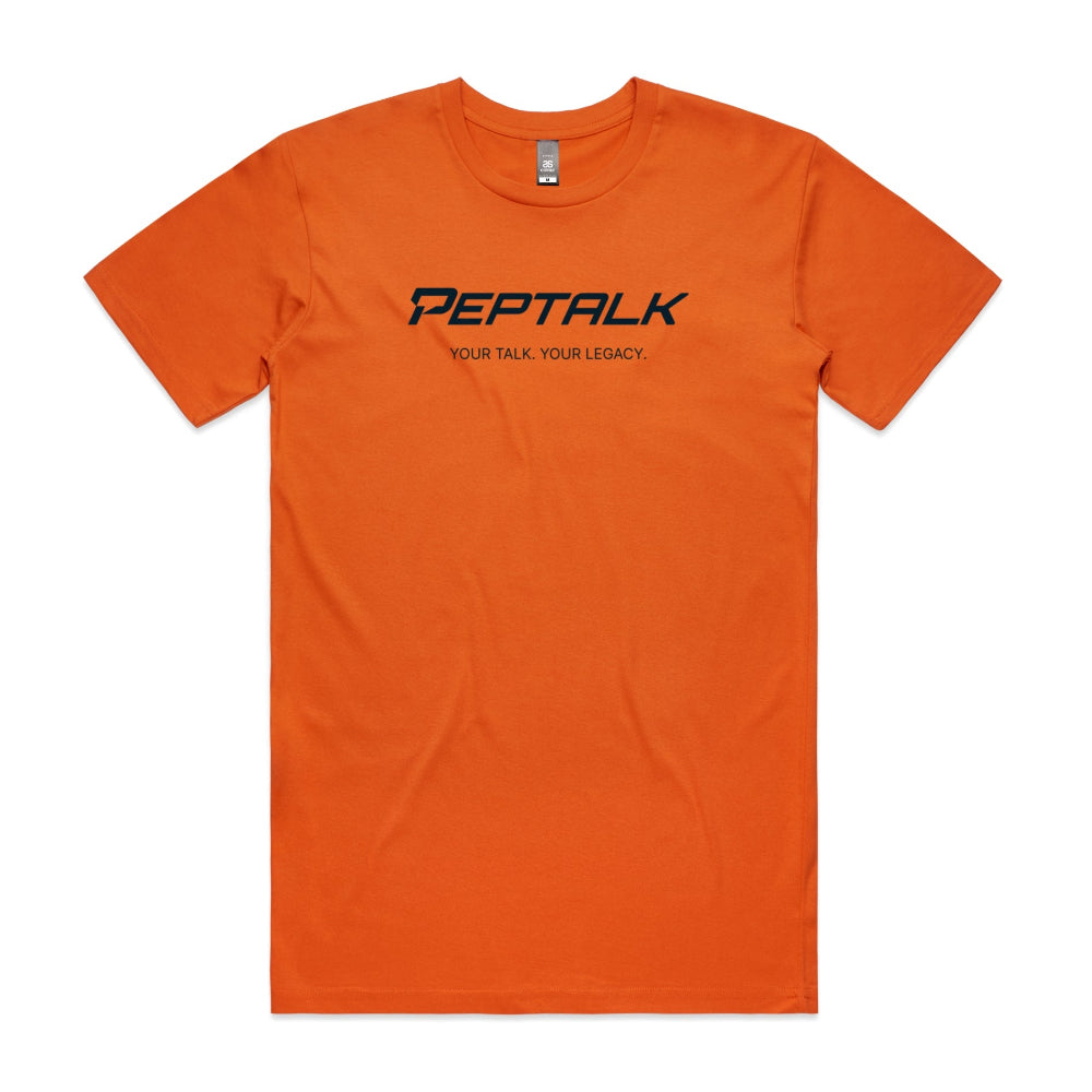 Orange men's shirt with "PepTalk Your Talk Your Legacy" design