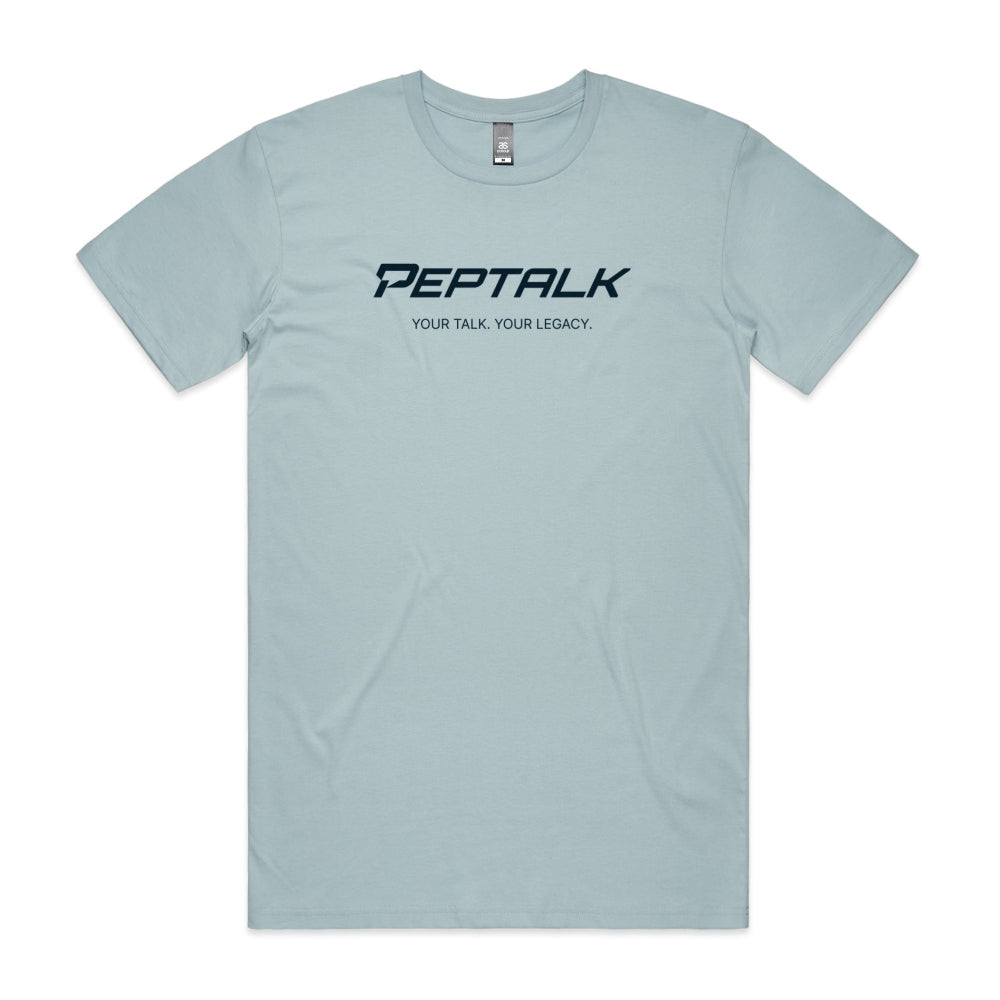 Light blue men's shirt with "PepTalk Your Talk Your Legacy" design