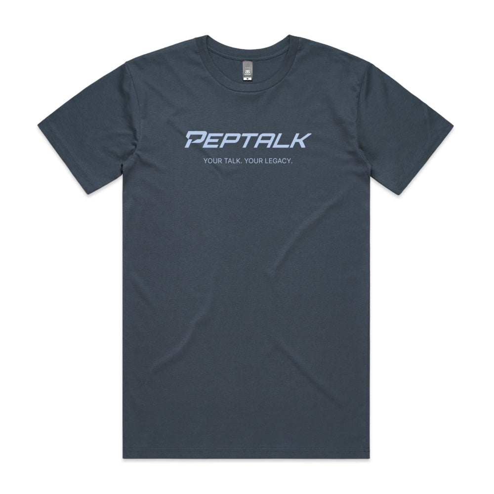 Petrol blue men's shirt with "PepTalk Your Talk Your Legacy" design