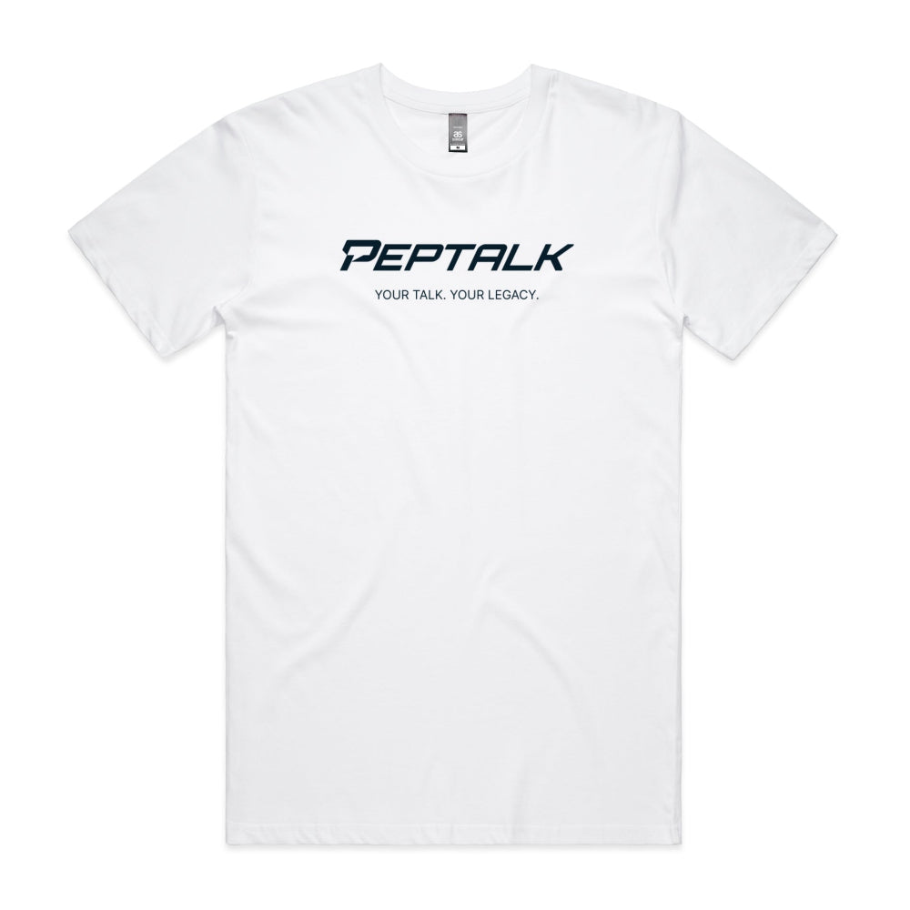 White men's shirt with "PepTalk Your Talk Your Legacy" design