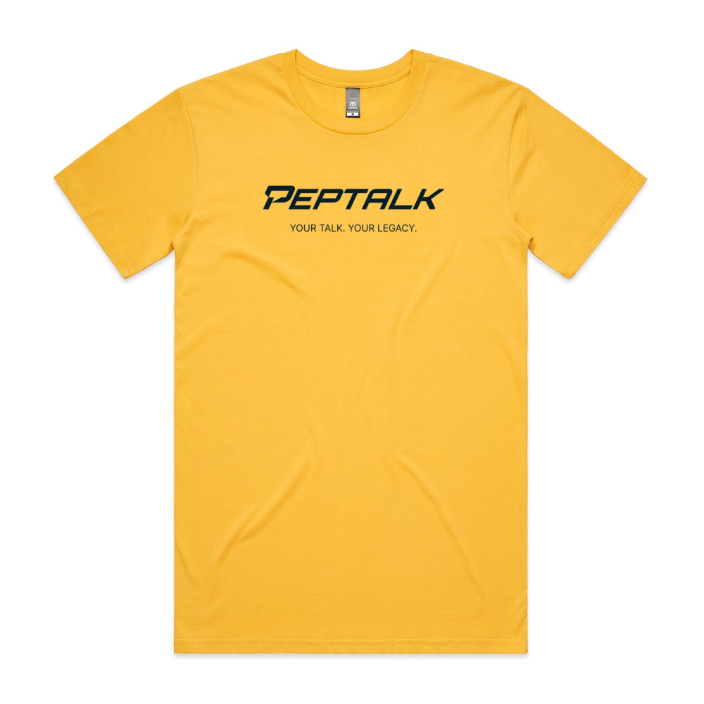 Yellow men's shirt with "PepTalk Your Talk Your Legacy" design