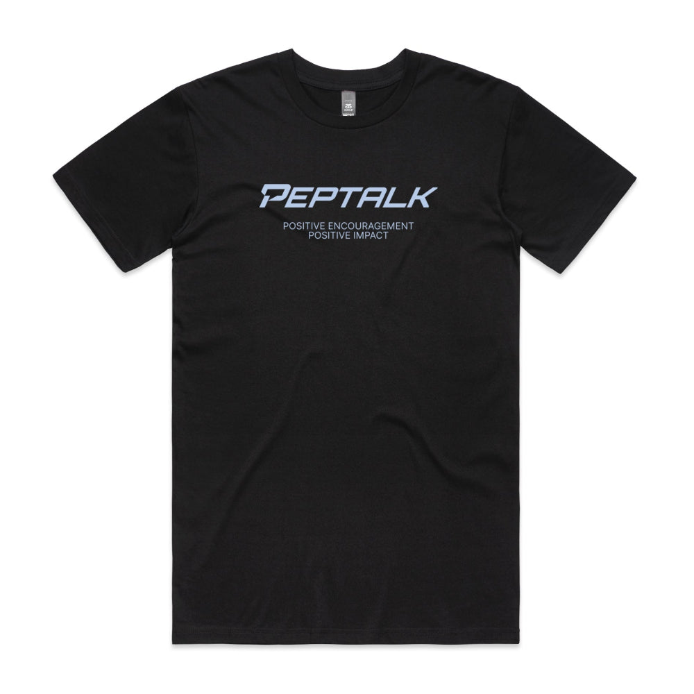 Black men's shirt with "PepTalk Positive Encouragement Positive Impact" design