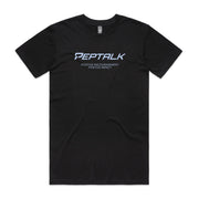 Black men's shirt with "PepTalk Positive Encouragement Positive Impact" design