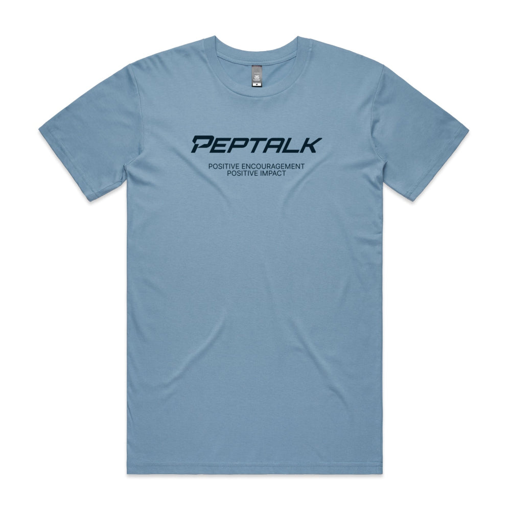 Carolina blue men's shirt with "PepTalk Positive Encouragement Positive Impact" design
