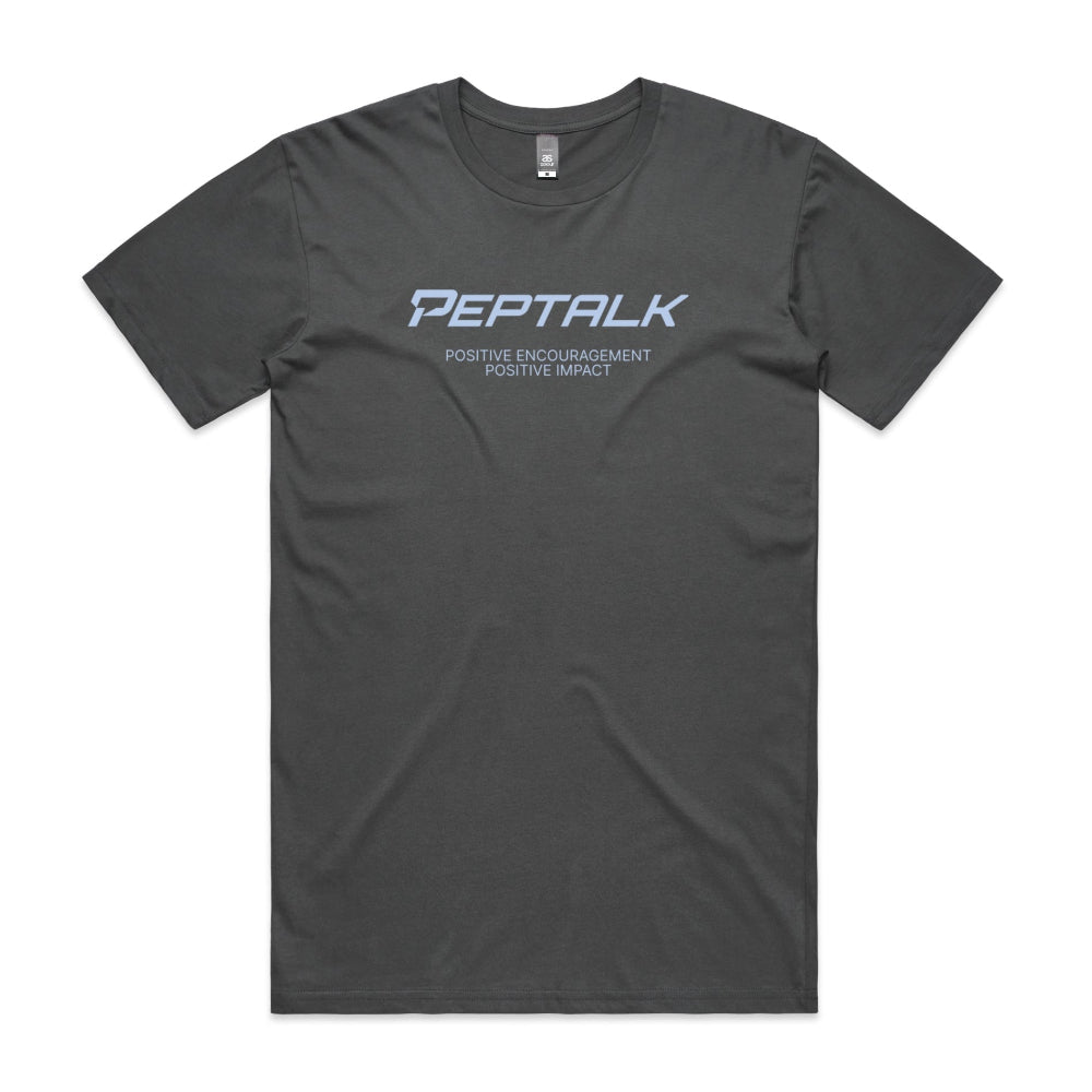 Charcoal men's shirt with "PepTalk Positive Encouragement Positive Impact" design