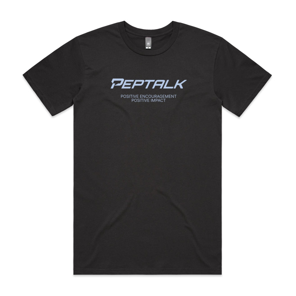 Coal men's shirt with "PepTalk Positive Encouragement Positive Impact" design