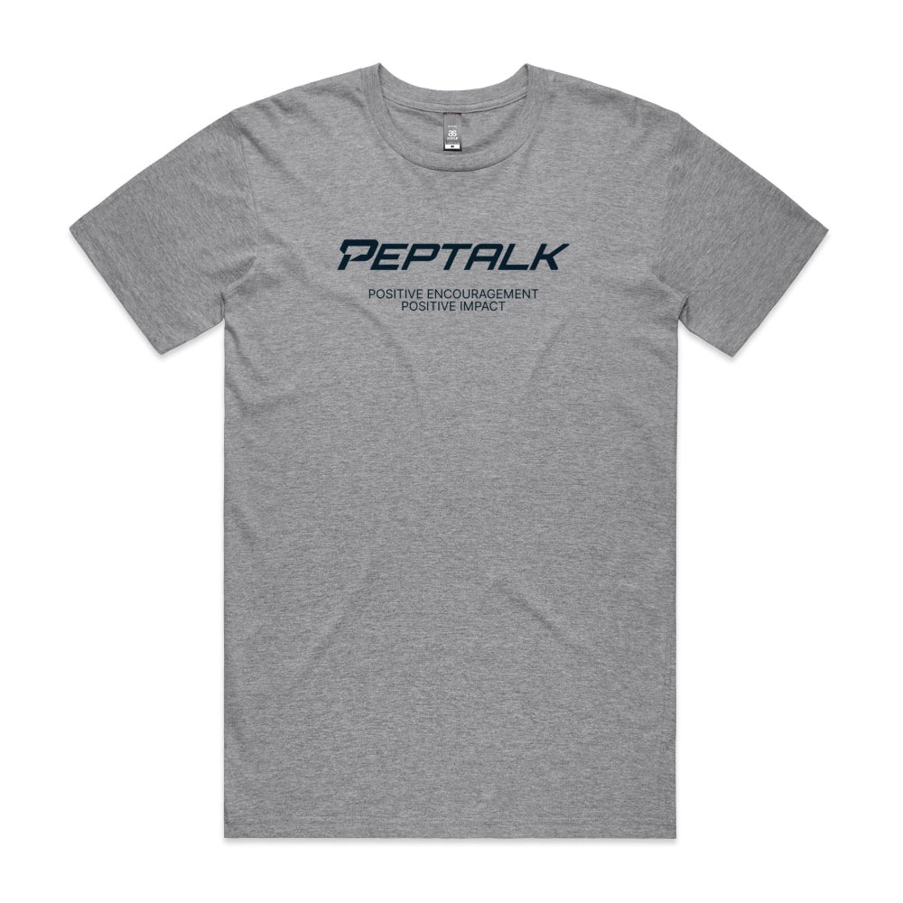 Grey men's shirt with "PepTalk Positive Encouragement Positive Impact" design