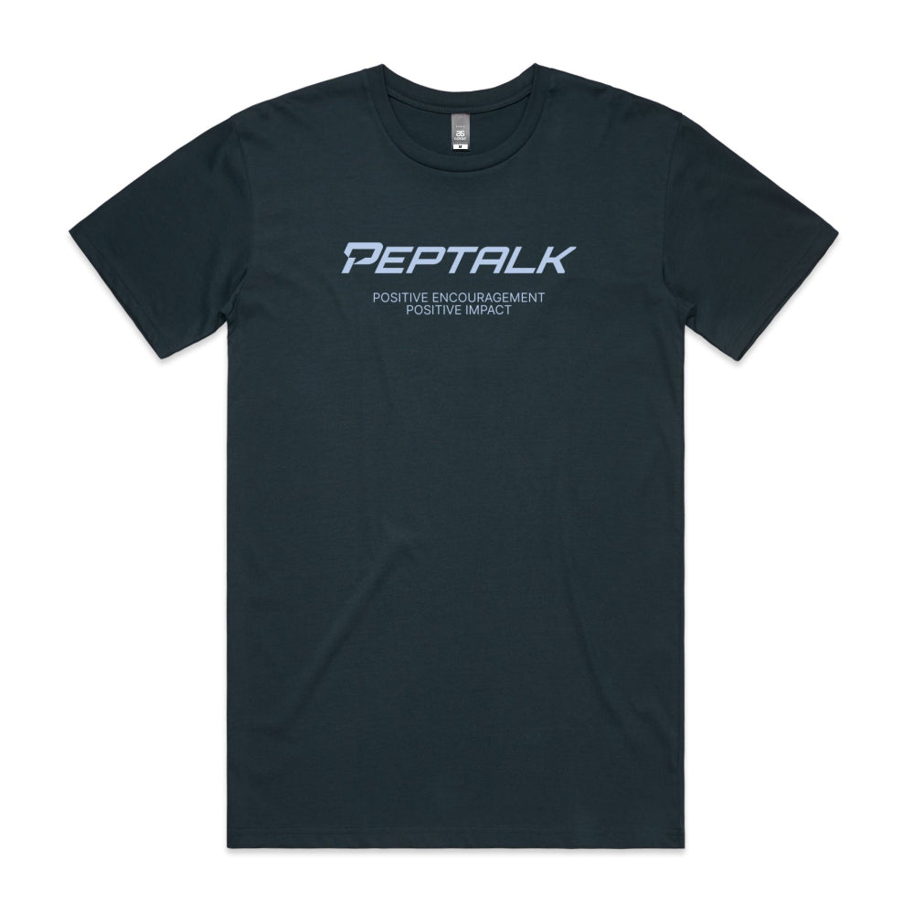 Indigo men's shirt with "PepTalk Positive Encouragement Positive Impact" design