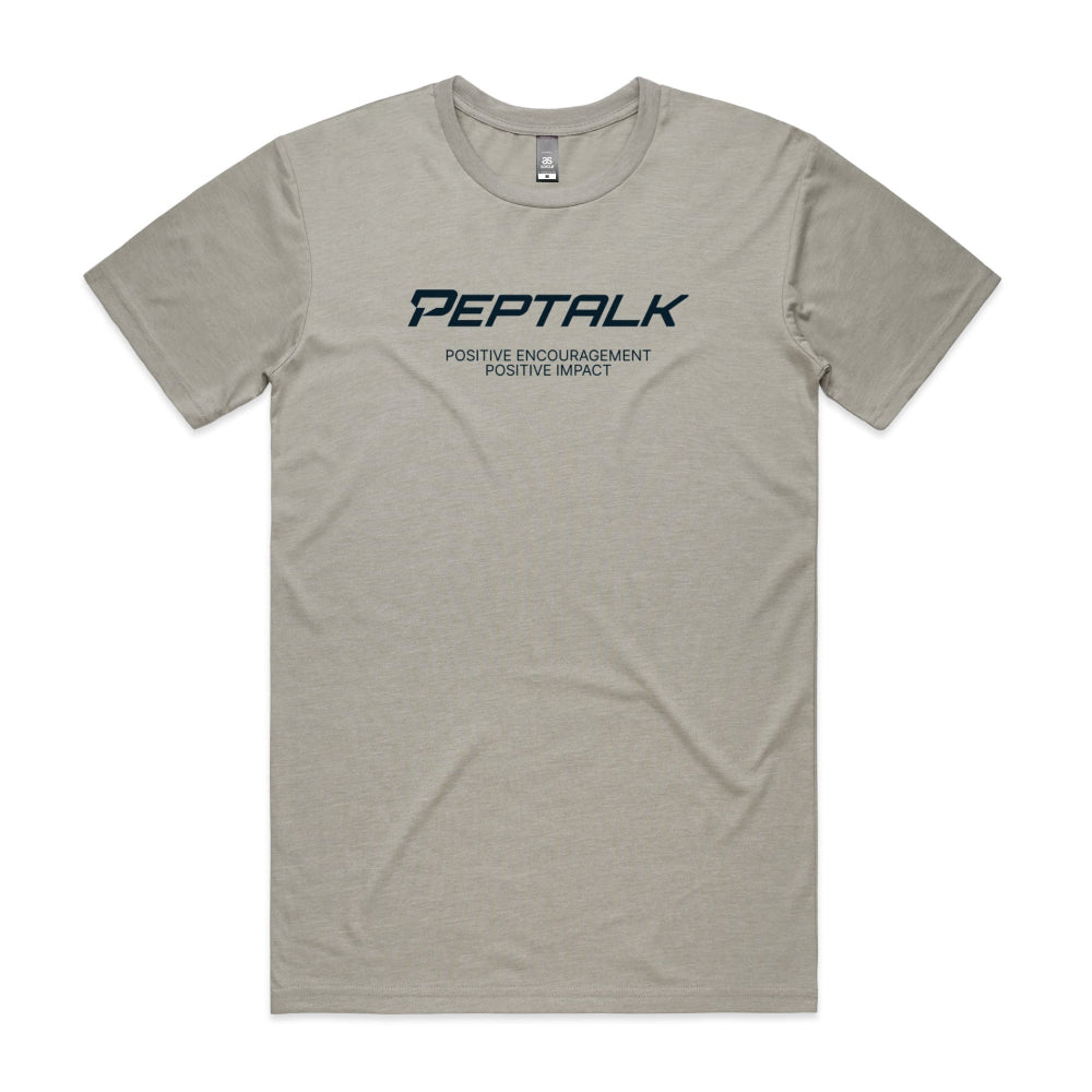 Light grey men's shirt with "PepTalk Positive Encouragement Positive Impact" design