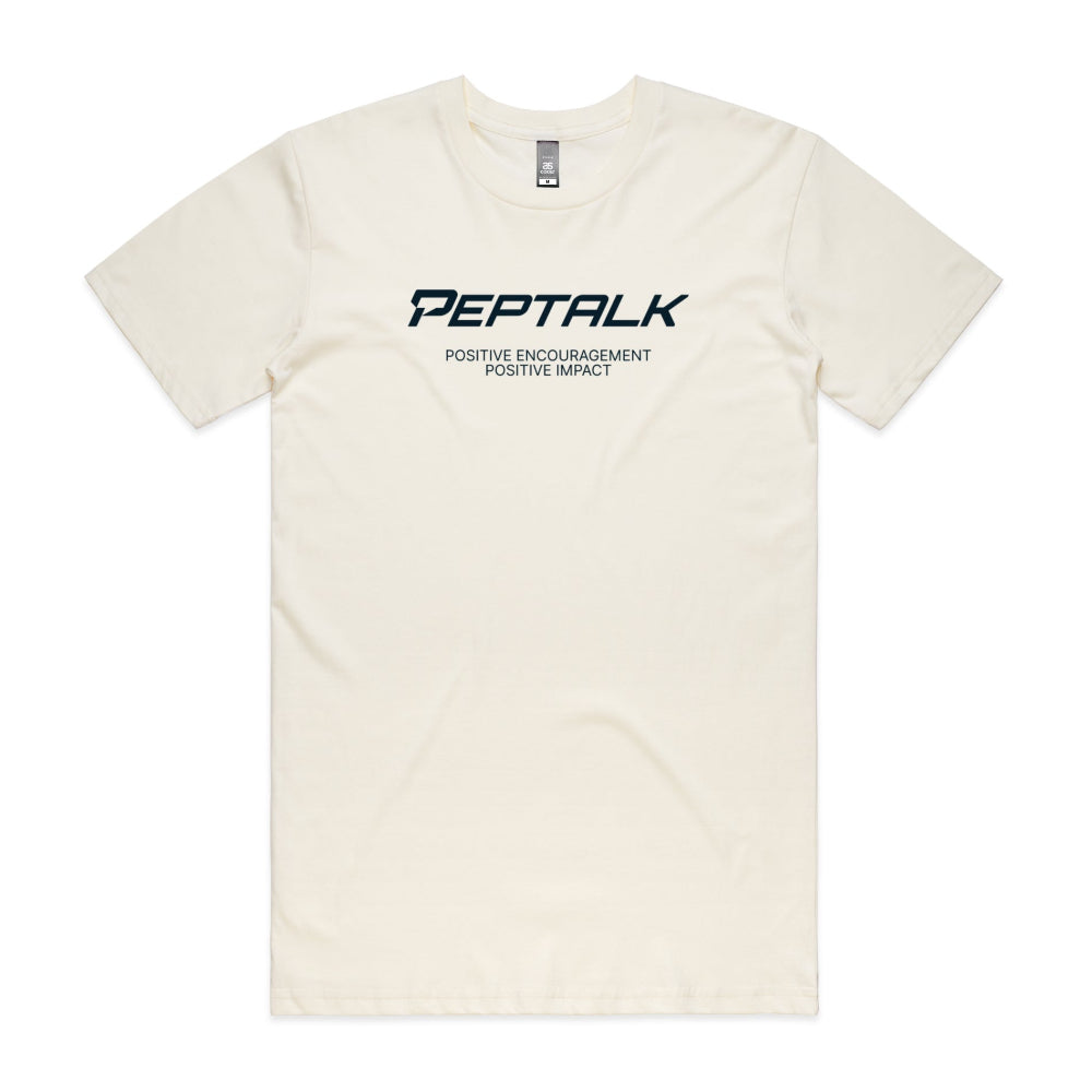 Beige men's shirt with "PepTalk Positive Encouragement Positive Impact" design