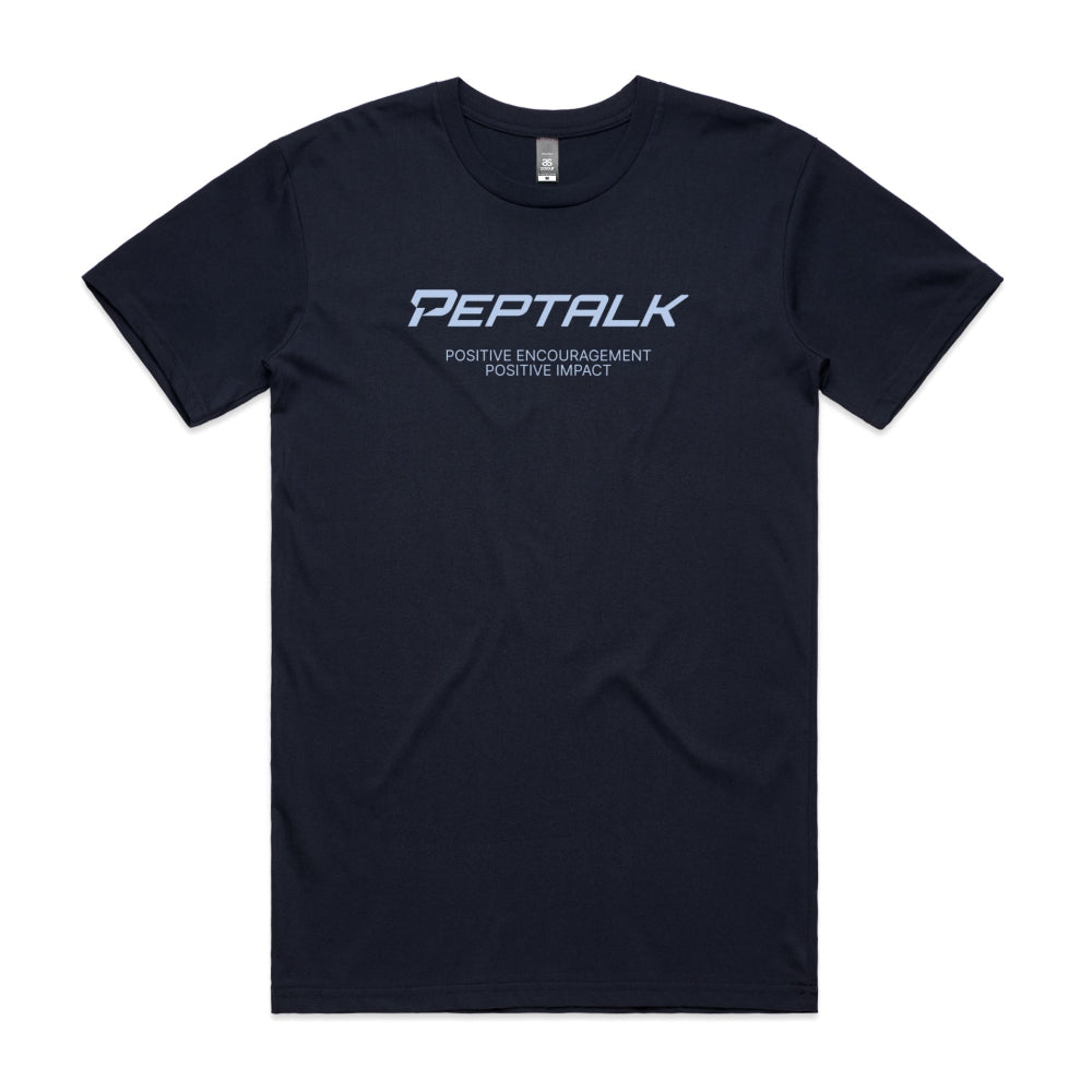 Navy men's shirt with "PepTalk Positive Encouragement Positive Impact" design